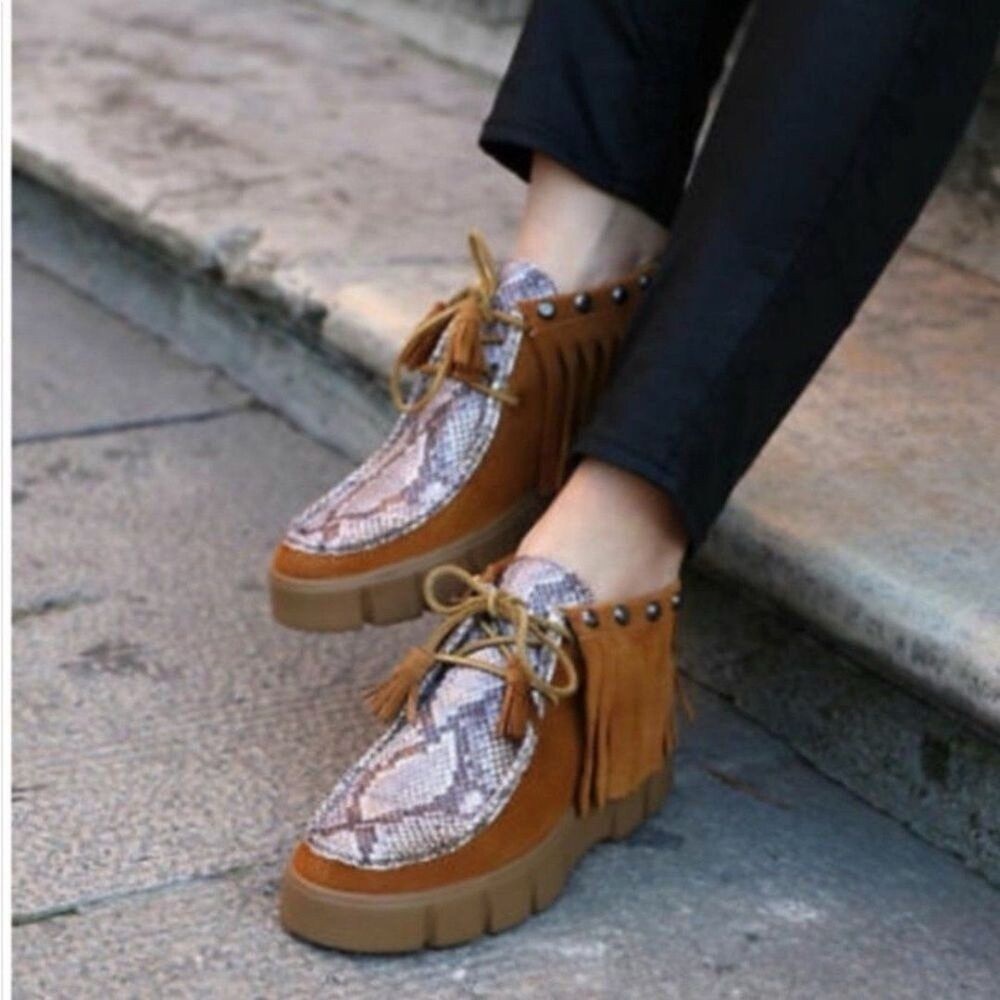 Geox Goula Suede Fringe Brogue Booties Python Embossed Studded Platform EU 38